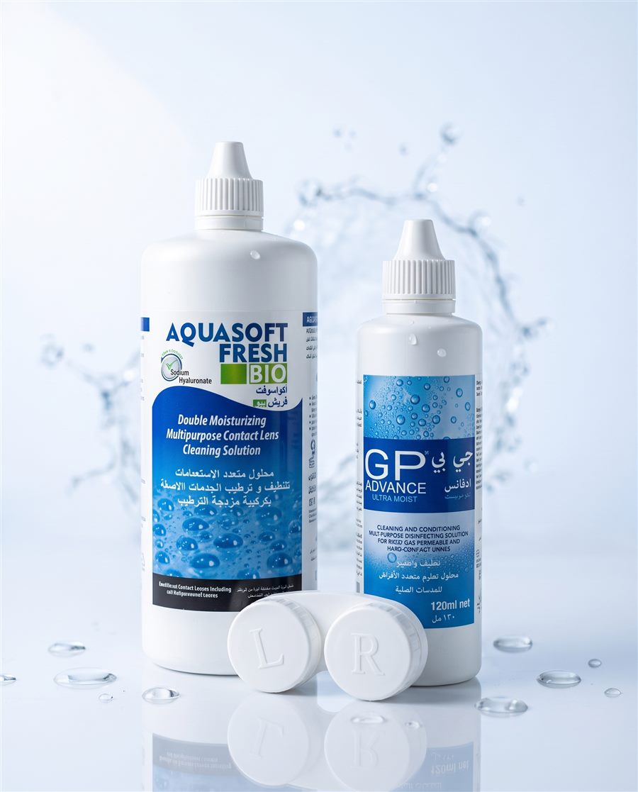 Flacons AQUASOFT FRESH BIO et GP ADVANCE Ultra Moist avec étui à lentilles